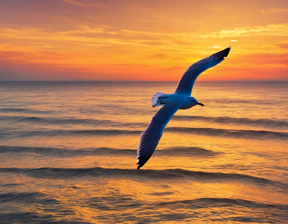 evening、sunset、A very beautiful sunset sky、Coastline Sky、A seagull is flying through the sky with a stick of french fries in its mouth
