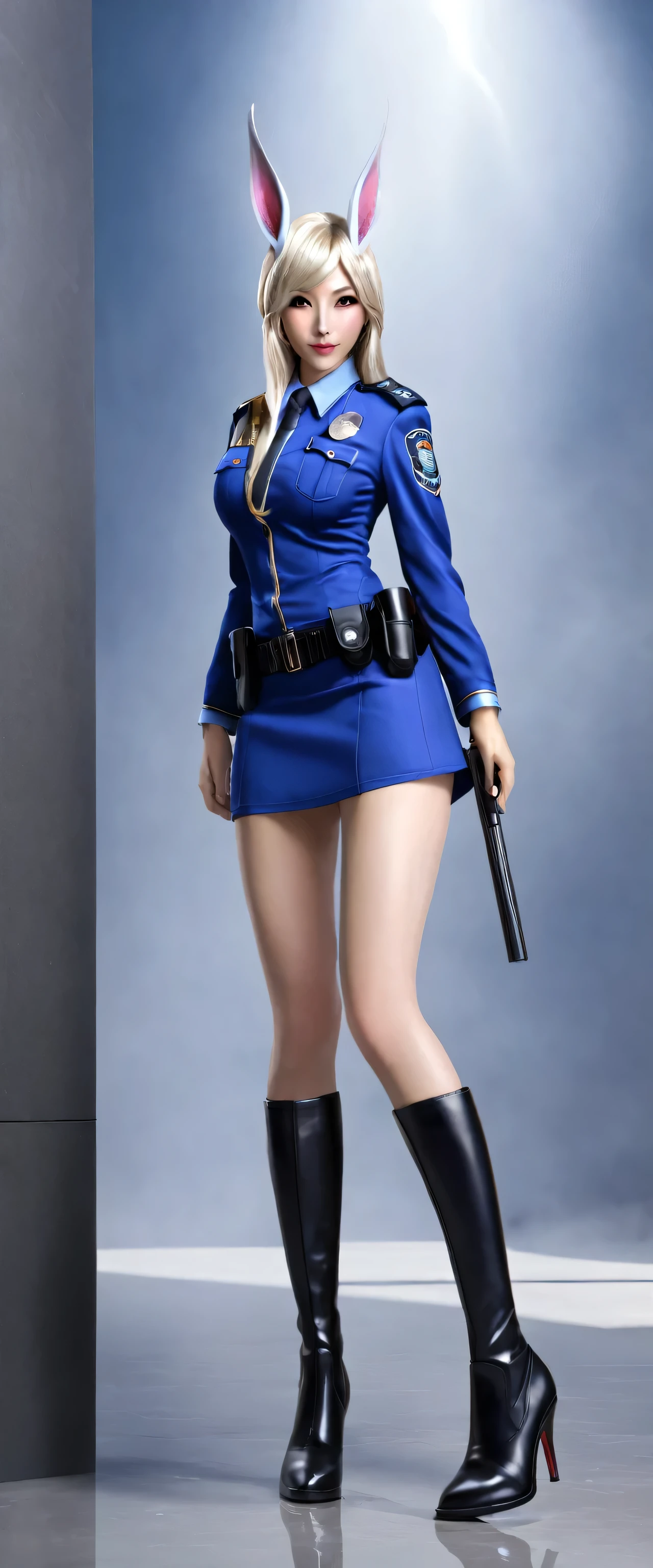 1 girl, Soraka, sexy police uniform, realistic, high heel boots, Best quality, masterpiece