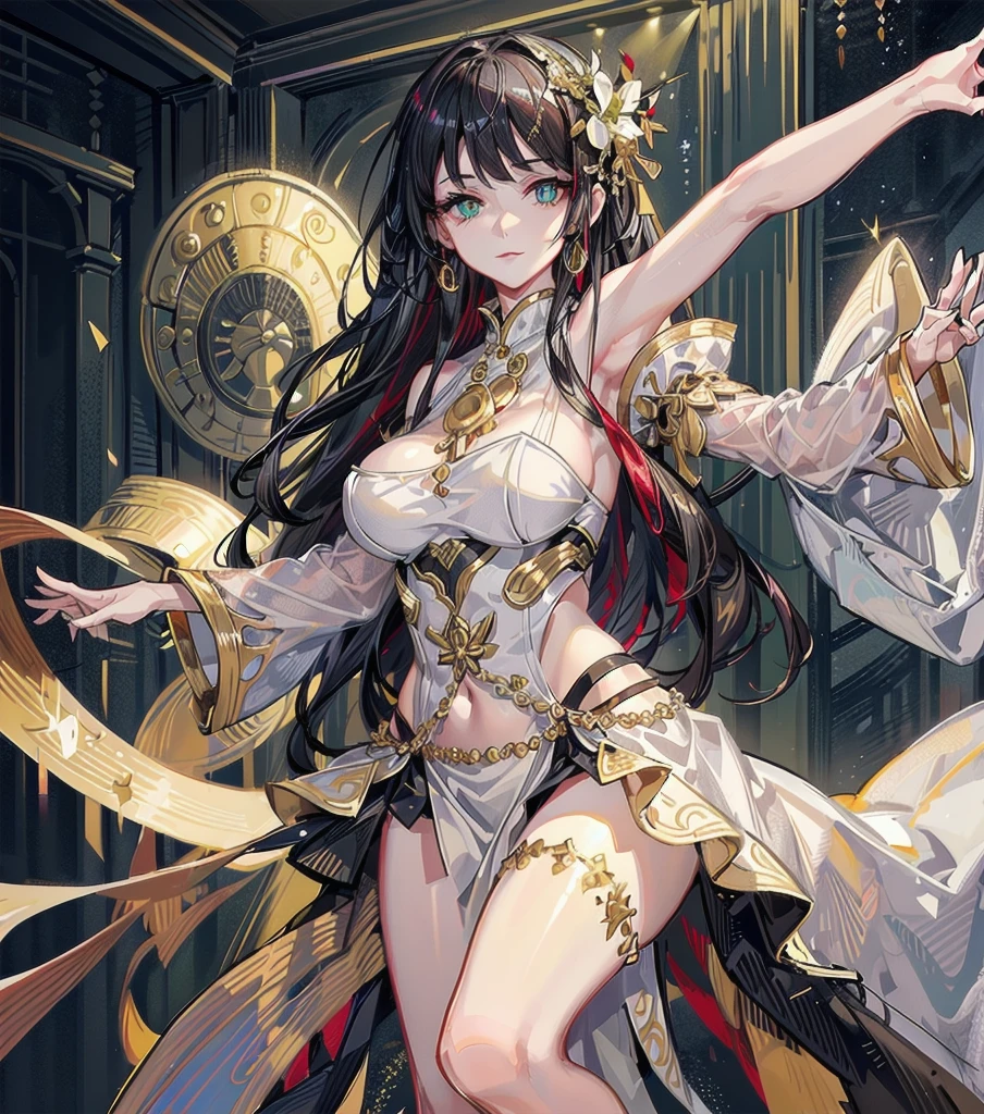 1female,gorgeous belly-dancer in jewelry-dress, shiny_gold_jewels_with_flower_shape_diamonds,(Background with:white marble castle with golden ornates)(DANCEING_POSE:1.5), She has long dark hair,see bakc over shoulder, PERFORMING_DANCING_RITUAL,(masterpiece),(Very detailed CG unity 8K wallpaper),best qualtiy,cinmatic lighting,detailed back ground,beatiful detailed perfect symmetrical eyes,Bright pupils,green eyes,Snow-whiteskin,Redlip(Very fine and beautiful),(Beautiful and detailed eye description)(((SEDUCTIVE DACING POSE:1.5))) ((Seductive gaze:1,3),ultra - detailed,masterpiece,looking at camera,A high resolution,ultra - detailed,revealing breasts,Bare genitalia, Bulge,legs are open,Raised sexy,(Wearing:Transparent white hanfu golden ornates, gold jewels,)