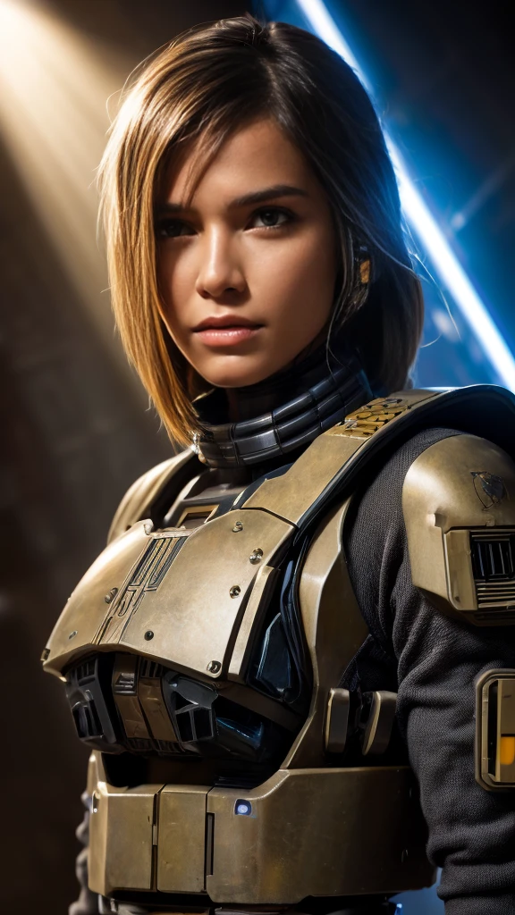 solo, solo focus, masterpiece close-up portrait of a woman wearing tactical gear in a tatooine building, light rays, caustics, mechanical parts, wiring, droid, metal jaw