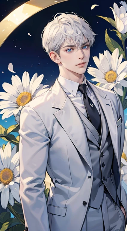 ((masterpiece)),(((best quality))), (detailed light) (detailed shadow), (high quality, breathtaking),(expressive eyes, perfect face), 1man, solo, male, tall, (mature), board shoulder, muscular, short Platinum hair, side swep bangs, blue eyes, smiling, white suit, white tie, daisy flower background, flower petal flying, windy, look at viewer, one ear earing.