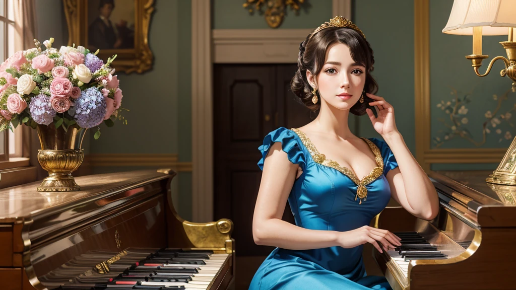 Anime style; retro style; a beutiful realistic scene of a haughty lady in a blue old fashioned dress; the background is vintage in a ancient and large house with a lot of flowers and a golden piano; perfect eyes, perfect face; masterpiece; ultra hd, 4k