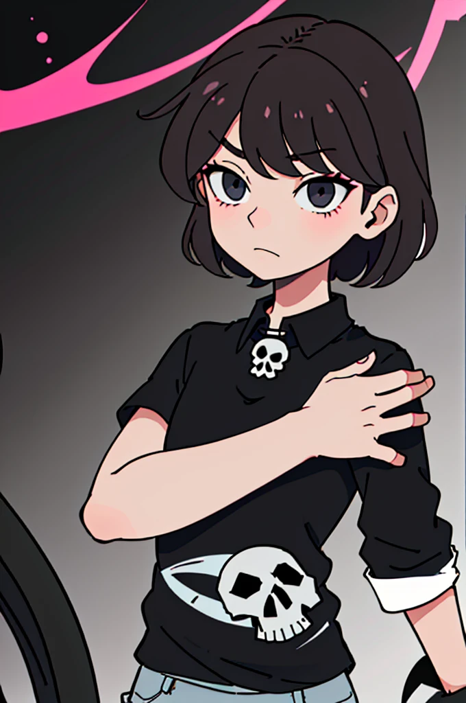 masterpiece, 4k, best quality, solo, Girl, Dark red hair, black eyes, short hair in the middle of the neck, black necklace on the neck, black t-shirt with a skull, underneath a long-sleeved black t-shirt with flowers on it. the edges, dark blue half-short jean, black knee-high socks, slightly smaller socks with black stripes and gray pink stripes, grey shoes.