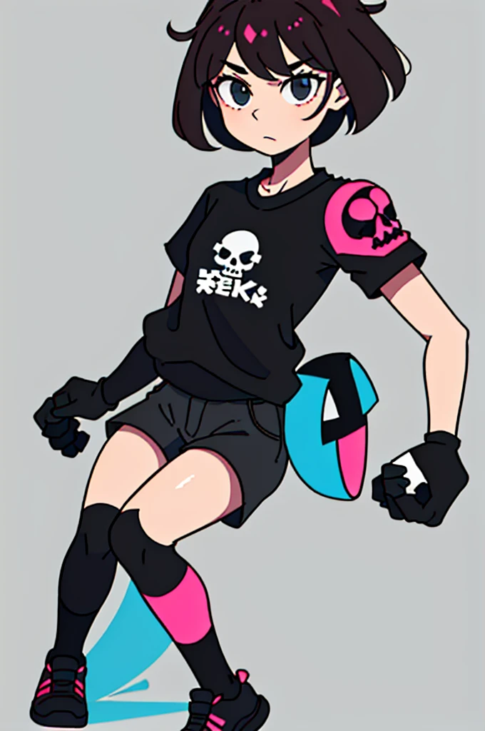 masterpiece, 4k, best quality, solo, Girl, Dark red hair, black eyes, short hair in the middle of the neck, black necklace on the neck, black t-shirt with a skull, underneath a long-sleeved black t-shirt with flowers on it. the edges, dark blue half-short jean, black knee-high socks, slightly smaller socks with black stripes and gray pink stripes, grey shoes.