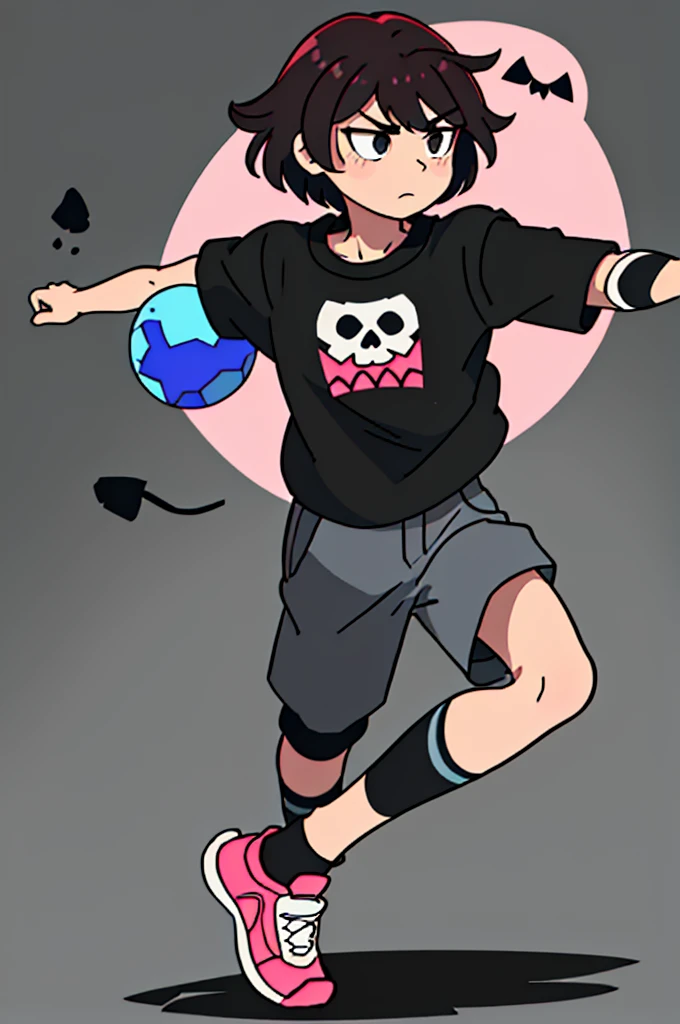 masterpiece, 4k, best quality, solo, Girl, Dark red hair, black eyes, short hair in the middle of the neck, black necklace on the neck, black t-shirt with a skull, underneath a long-sleeved black t-shirt with flowers on it. the edges, dark blue half-short jean, black knee-high socks, slightly smaller socks with black stripes and gray pink stripes, grey shoes.