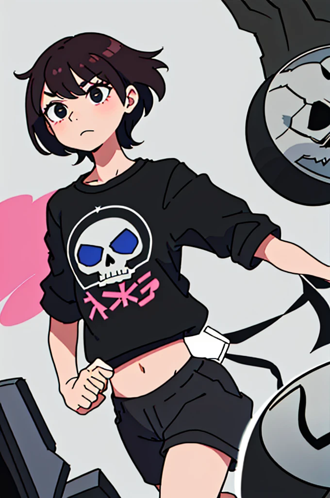 masterpiece, 4k, best quality, solo, Girl, Dark red hair, black eyes, short hair in the middle of the neck, black necklace on the neck, black t-shirt with a skull, underneath a long-sleeved black t-shirt with flowers on it. the edges, dark blue half-short jean, black knee-high socks, slightly smaller socks with black stripes and gray pink stripes, grey shoes.