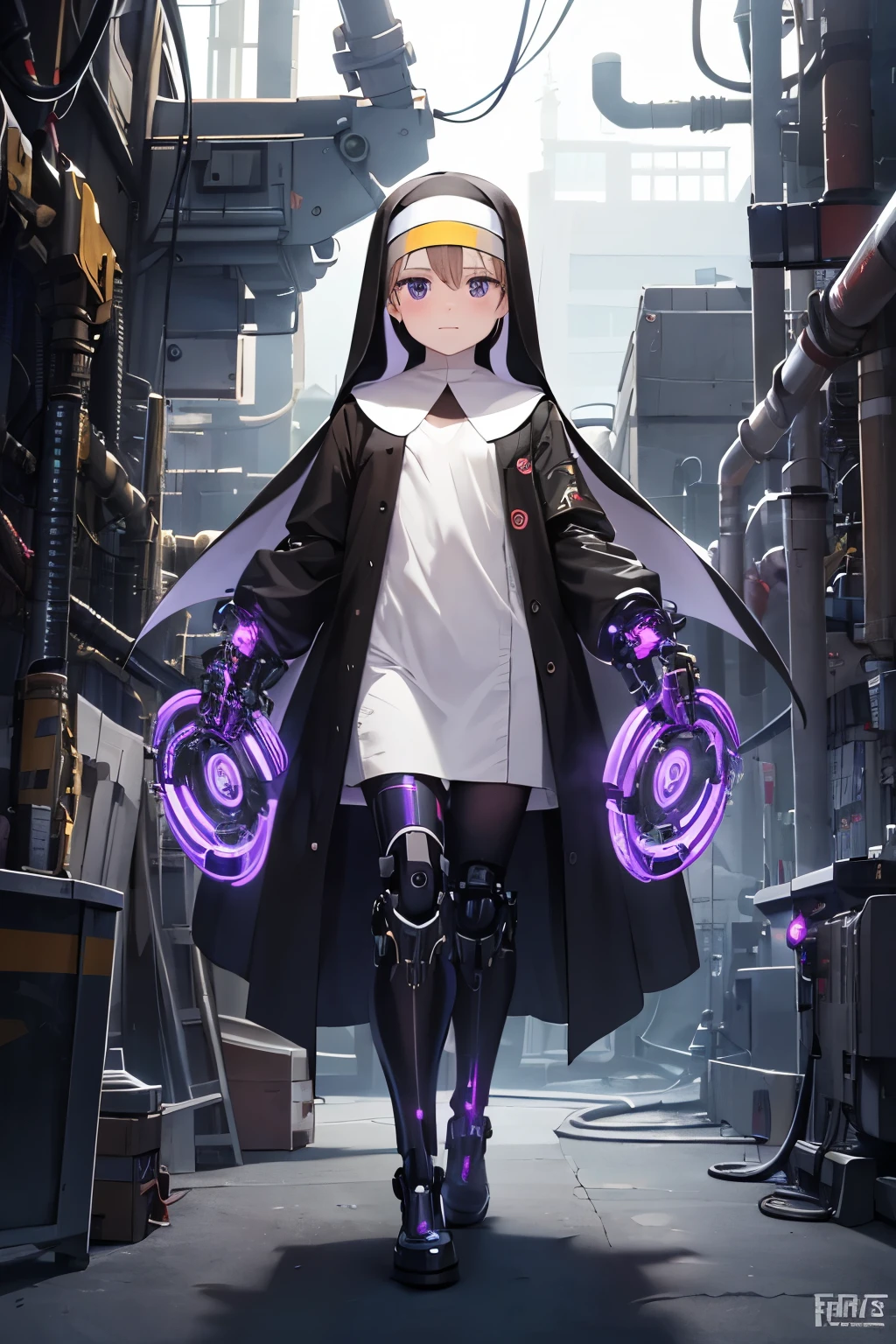   girl ,girl 12 year old  , mechanical face , futuristic nun dress ,flat  chest ,long brown hair frinje ,(loli body), mechanic-headband, purple leds ,purple  light auréola,   quality, 8k ,nun uniform , Cyborg arms. Mechanical Limbs Metal,  Mechanical legs .Power cablles conected in machine. Circuitos , praying. 