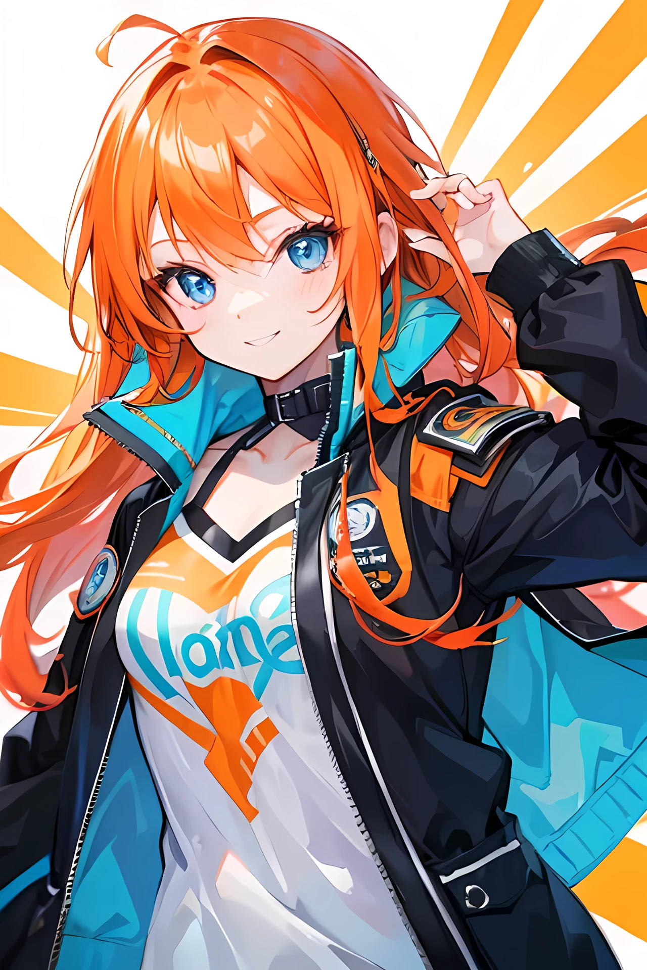 anime, 1 girl, alone, long orange hair, messy hair, split ponytail, hair over eyes, ahoge, brown eyes, smiling, outdoor, tracksuit jacket, yoga, big chest and huge thighs slim belly, Perfect sensual body