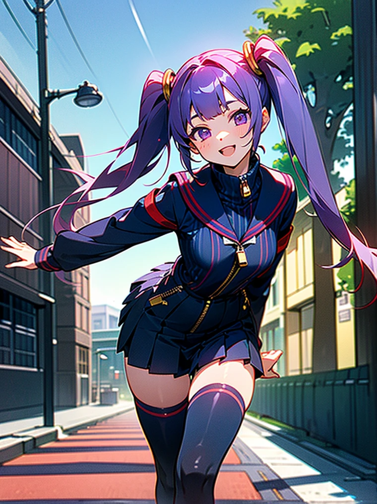 (masterpiece), (HDR), absurdres, (best quality), (ultra high quality), (hi-res), (1girl), (pastel purple eyes), beautiful detailed eyes, detailed eyes, teen, (dark purple hair), bangs, short side locks, (big thick twintails), (long straight hair), ((two gold hair ties)), (small breast), ((dark navy serafuku with red stripes)), ((red stripe on sailor collar and sleeve cuffs)), (((dark navy shirt with zipper))), ((two vertical red stripes on front of shirt)), (long sleeves), (((turtleneck shirt collar))), (zettai ryouiki), (dark navy box-pleated miniskirt), ((red pleats)), ((black thighhighs with red stripe)) , (thin waist), (thigh gap), (happy expression), smile, crooked tooth, cute, facing camera, (looking at camera), (leaning forward), bend at waist, (cowboy shot), walking, in the city, outside, buildings, sidewalk, daytime, sunlight on face, noon, bright sun, city scenery, crosswalk, birds