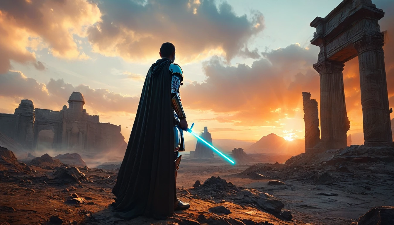 View a vast desert landscape bathed in golden twilight, evoking the iconic Star Wars look. No centro da cena, a Jedi in a flowing cape stands silhouetted against the orange sky, your glowing blue lightsaber in your hand, pronto para enfrentar qualquer desafio. The ruins of an ancient civilization rise majestically in the background, and the remains of a fallen AT-AT adorn the landscape. The atmosphere is charged with expectation, as if an epic battle was about to begin.hyper realistic composition,32k resolution,cinematic composition,cinematic color grading.photography whit Phaseone 85mm,death of field lens.