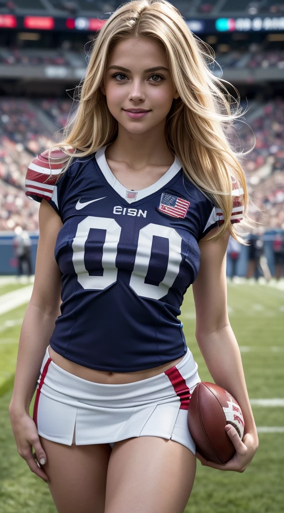 (8K, Raw foto, Top Quality, masterpiece: 1.2), masterpiece, Super detailing, Ultra-high resolution energy A, (realistic and realistic photo: 1.37), High Definition RAW Color Photography, very delicate and beautiful., About Igree, 8K wallpaper, astonishing, The Details, very detail eyes, highlydetailed skin, extremely detailed fingers, extremely detailed nose, highly detail mouth, perfect anatomia,1girll, (Sexy American Football Jersey), mini-skirt,large full breasts,skiny,toned hips,stocklings,With mouth closed、Smile happily、large eyes、Pronounced double eyelids、eyeslashes、long neck、Absolute area、Clean collarbone、perfect faces、Thin lips、smaller face、(staring the viewer、highlights in eyes、Gloss on the lips) , (American Football Stadium:1.4) jewely, cute smiling,with long blond hair, Solo, 18 years-old、hposing Gravure Idol, perfect light,Dynamic Ungle, (Violent Tackle:1.6),American Football Game,
information