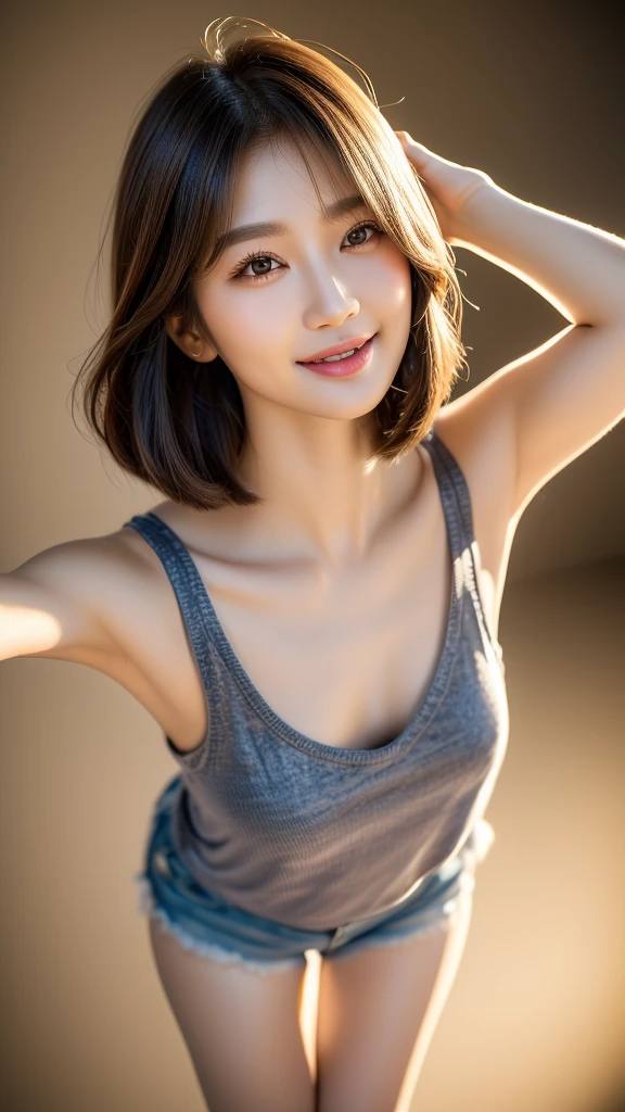 Fashion photography, Gorgeous K-pop Idol, Instagram model, wince, long eye lashes, solid circle eyes, light smile, ear blush, fang, ccurate, brown hair, bob cut, makeup, light smile, atmospheric perspective, symmetry, cowboy shot, Fujifilm, high detail, 8k, super detail, best quality, loose tank top, under boobs, tiny shorts, ultradetails, photorealistic

