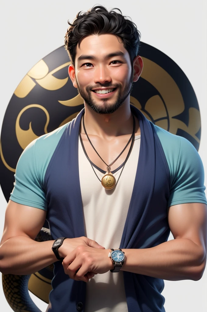 A 39 year old Indonesian man, black short curly hair, a beard, wearing adventure clothes, wearing a necklace with a stone pendant and a watch on his right hand, smiling at the camera while holding a king cobra snake, white background