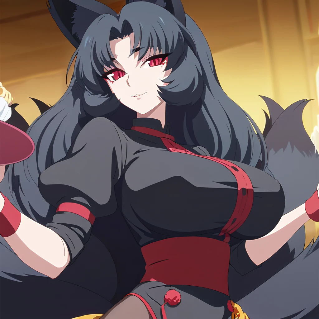 a beautiful detailed black kitsune girl, long black kitsune ears, multiple black kitsune tails, red and black waiter outfit, 8k, anime style, red eyes, big breasts, extremely detailed eyes and face, ultra-detailed, 4k, high quality, vibrant colors, long black hair, mature woman, wide waist