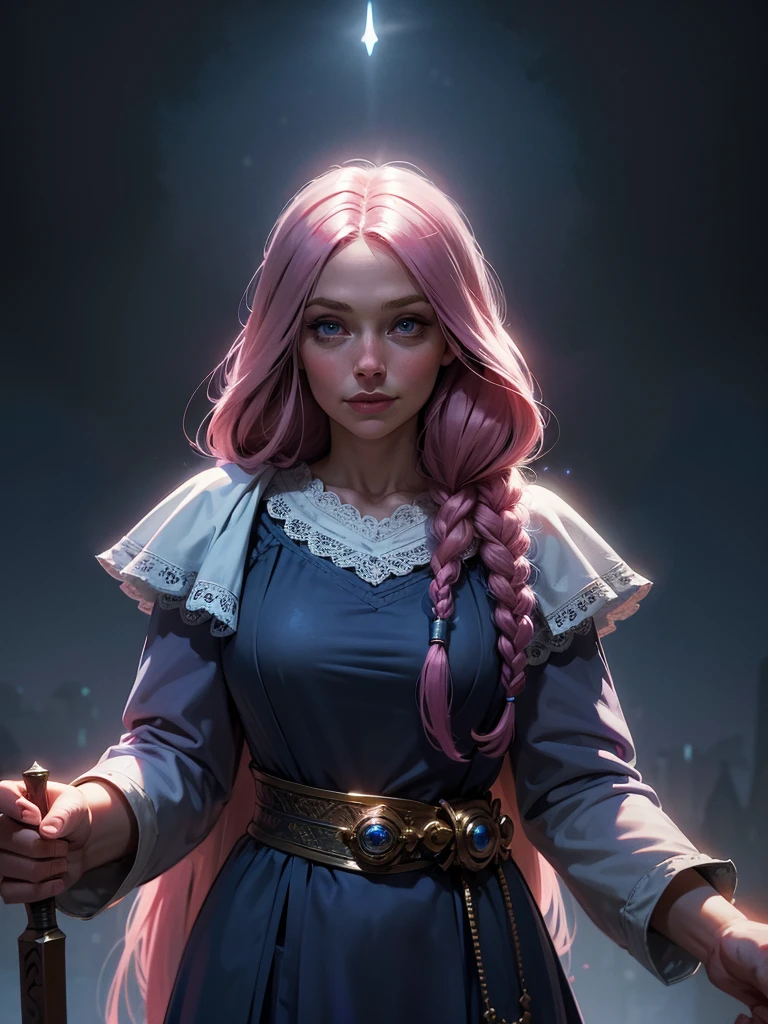a girl, ((young girl)), slim, long pink hair in layered braids, vibrant pink hair. Blue eyes, long nose, round nose, (((detailed eyes))), round cheeks, full cheeks, youthful face, Soft jaw, round jaw, babyface, bright smile, happy. Wearing a ((dark blue)) and white wizard robe, white lace, short skirt, holding a wand. Fantasy.
