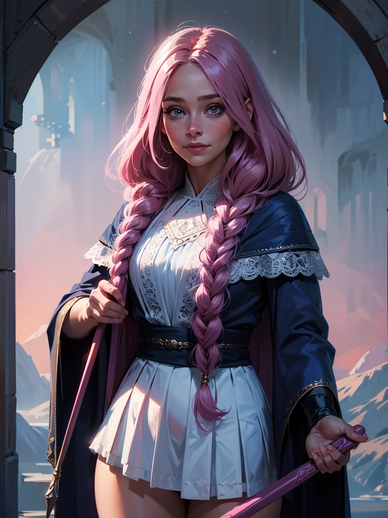 a girl, ((young girl)), slim, long pink hair in layered braids, vibrant pink hair. Blue eyes, long nose, round nose, (((detailed eyes))), round cheeks, full cheeks, youthful face, Soft jaw, round jaw, babyface, bright smile, happy. Wearing a ((dark blue)) and white wizard robe, white lace, short skirt, holding a wand. Fantasy.(best quality,4k,8k,highres,masterpiece:1.2)