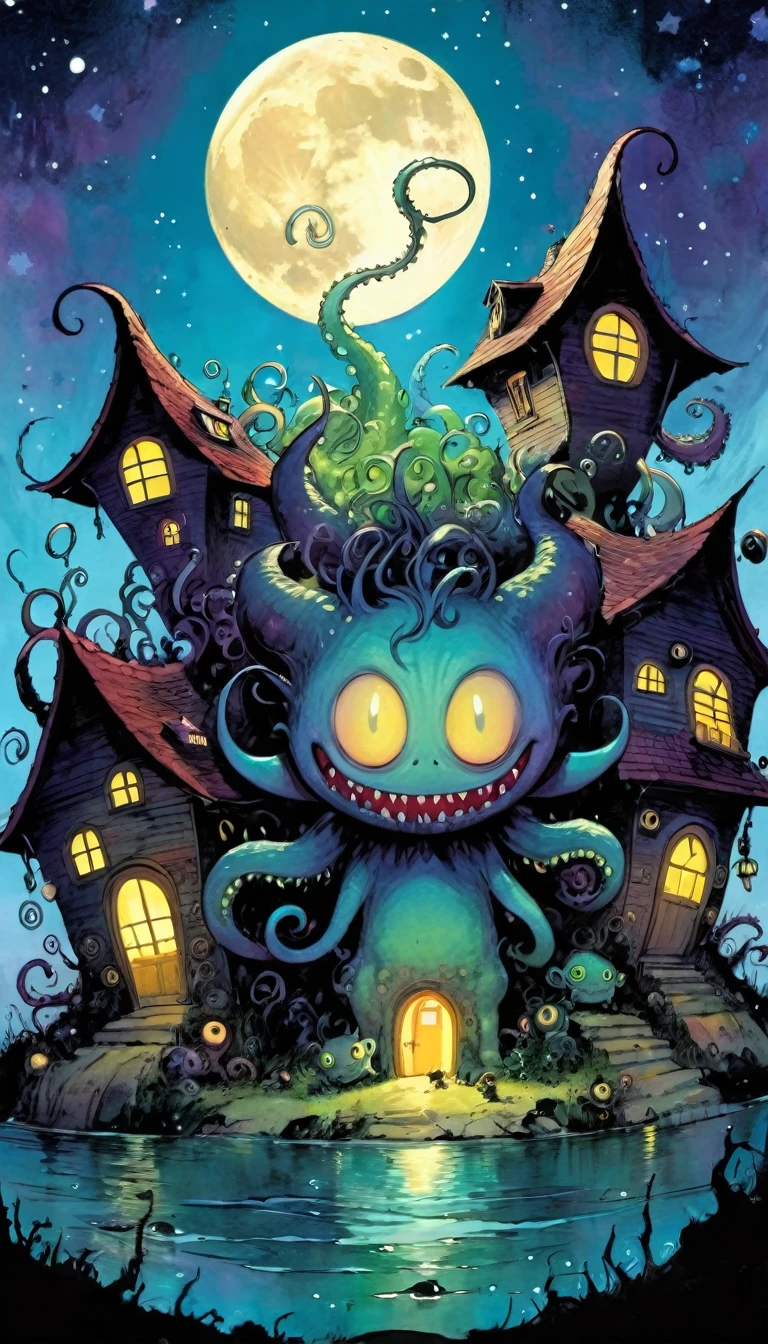 a large demon full of tentacles emerges from the depths, village of funny little demons, impressive landscape, funny little demons, magical , fantastic, night sky, moon, stars, cute, adorable, background (demon houses (art inspired by Skottie Young and Bill Sienkiewicz).