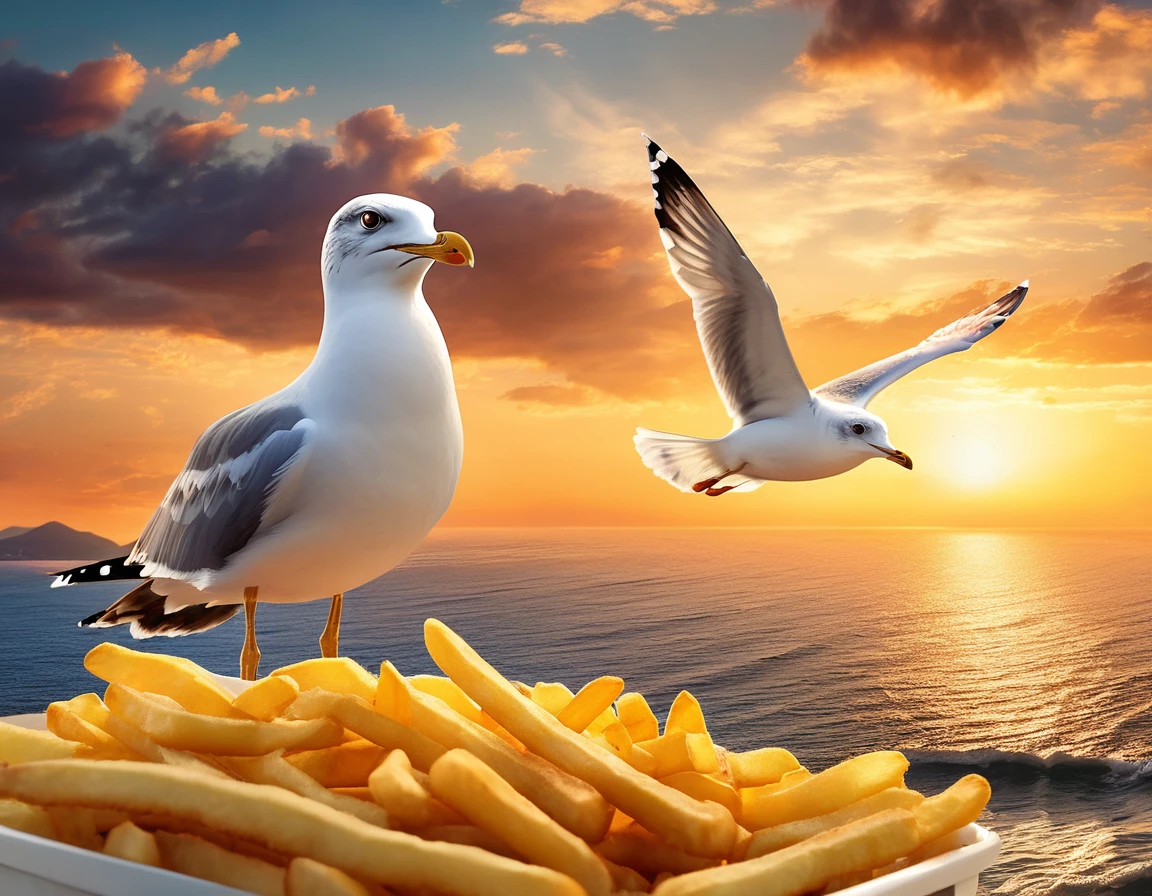 a breathtakingly beautiful sunset over the ocean, a seagull holding a french fry in its beak flying high in the clear evening sky, peaceful coastal landscape, detailed dramatic lighting, warm golden hour colors, glowing vibrant sunset, serene tranquil atmosphere, realistic photorealistic style, 8k high resolution, masterpiece, hyper detailed, cinematic composition, dramatic lighting, ethereal mood, dramatic clouds, stunning scenery, beautiful sky, majestic ocean, detailed seagull, realistic french fry, photo-realistic, highly detailed, vivid colors, natural lighting