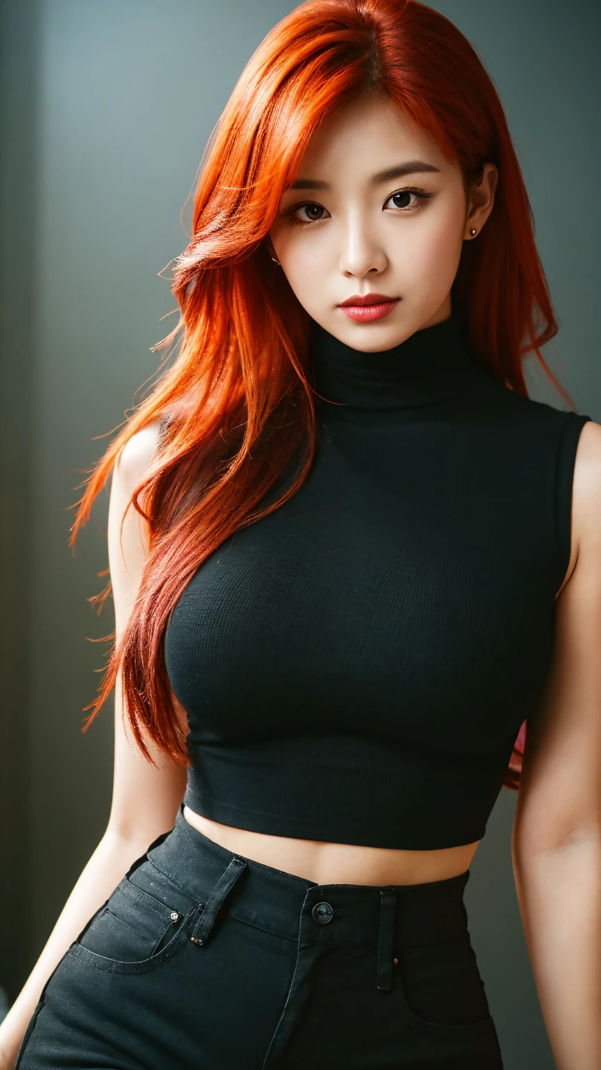 1 babe, red hair, long hair, black crop top, sleeveless, turtleneck, , black shorts, parted lips, large breasts