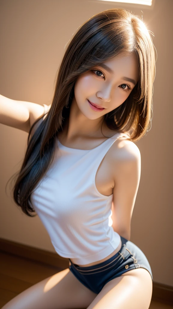 Fashion photography, Gorgeous K-pop Idol, Instagram model, wince, long eye lashes, solid circle eyes, light smile, ear blush, fang, ccurate, brown hair, bob cut, makeup, light smile, atmospheric perspective, symmetry, cowboy shot, Fujifilm, high detail, 8k, super detail, best quality, loose tank top, under , tiny shorts, ultradetails, photorealistic

