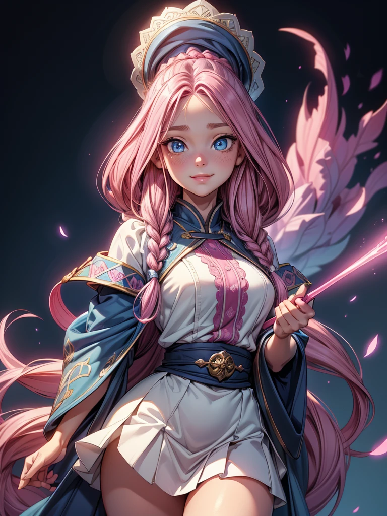 a girl, ((young girl)), slim, long pink hair in layered braids, vibrant pink hair. Blue eyes, long nose, round nose, (((detailed eyes))), round cheeks, full cheeks, youthful face, Soft jaw, round jaw, babyface, bright smile, happy. Wearing a ((dark blue)) and white wizard robe, white lace, short skirt, holding a wand. Fantasy.(best quality,4k,8k,highres,masterpiece:1.2)
