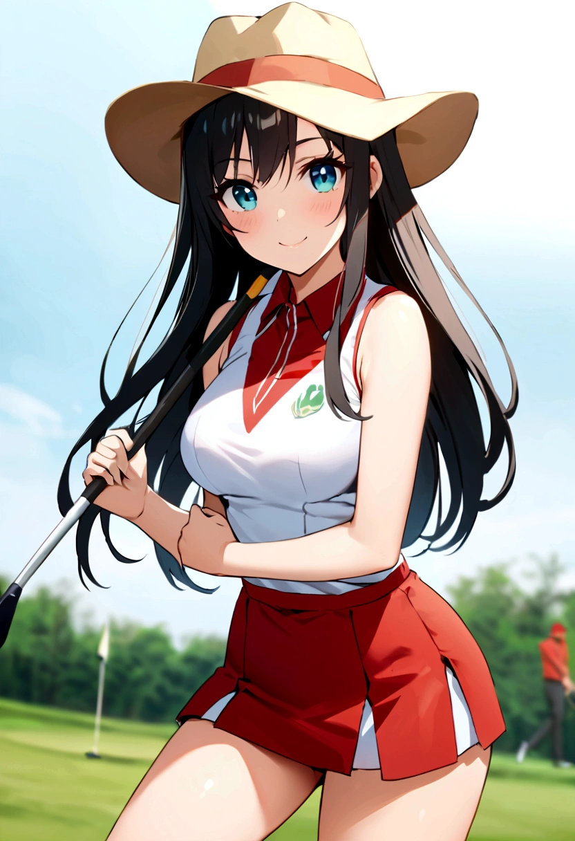 sound high resolution 8k beauty Woman playing golf Golf course Beautiful woman Timid Black Hair Golf Wear mini skirt smile looking at the camera nice shot No sleeve Cowboy hat Blonde