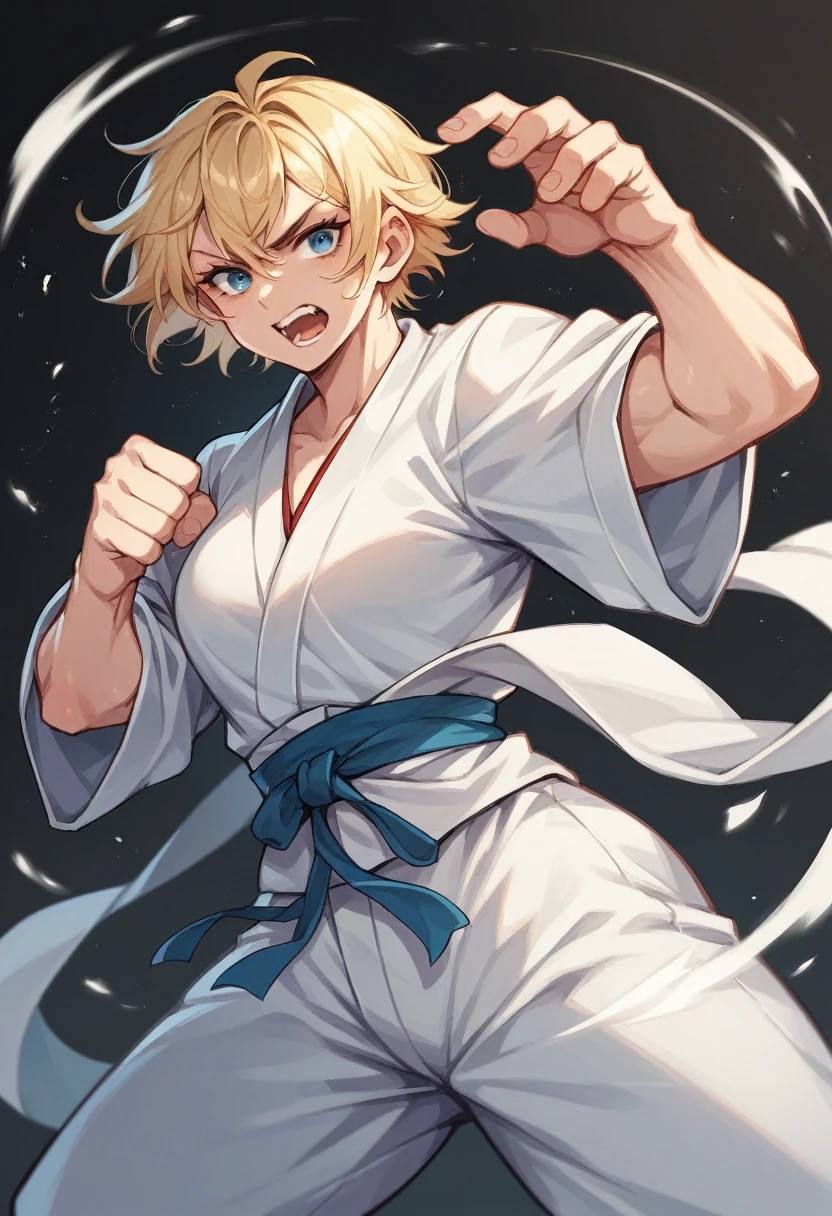 Make a 15-year-old blue-eyed blonde extremely beautiful fighting karate