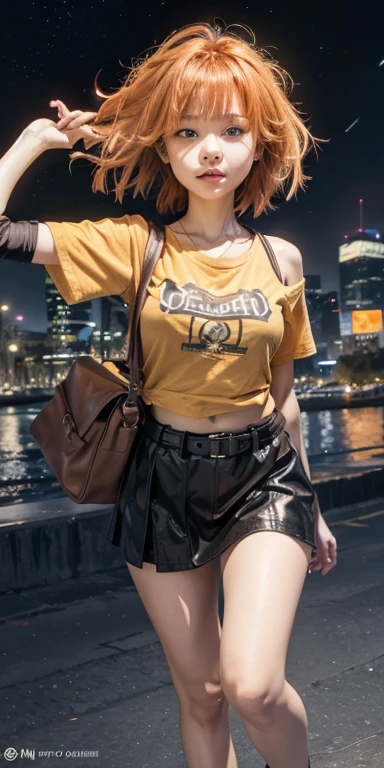 A young woman with light brown skin walking along a waterfront at night. She has shoulder-length orange hair and is wearing a yellow T-shirt with black text and a black skirt with a brown belt. She is carrying a brown shoulder bag and has a city skyline with lit-up buildings in the background. The scene is illuminated by city lights, giving it a realistic urban feel. She has a surprised expression and is looking towards the viewer, with her hand raised as if waving or adjusting her hair, Full body