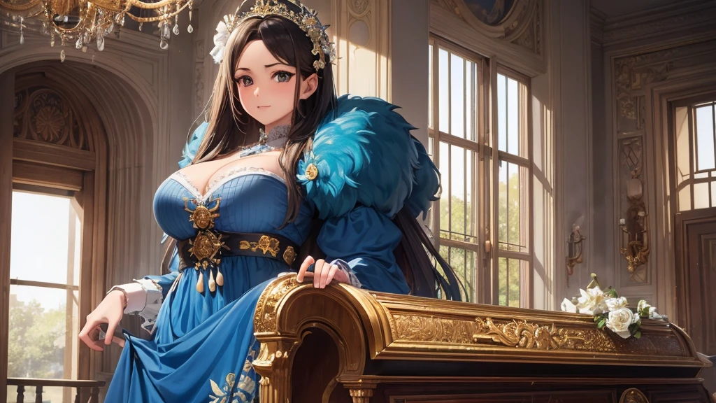 A beutiful realistic scene of a haughty lady in a blue old fashioned dress; the background is vintage in a ancient and large house with a lot of flowers and a golden piano; perfect eyes, perfect face; masterpiece; ultra hd, 4k