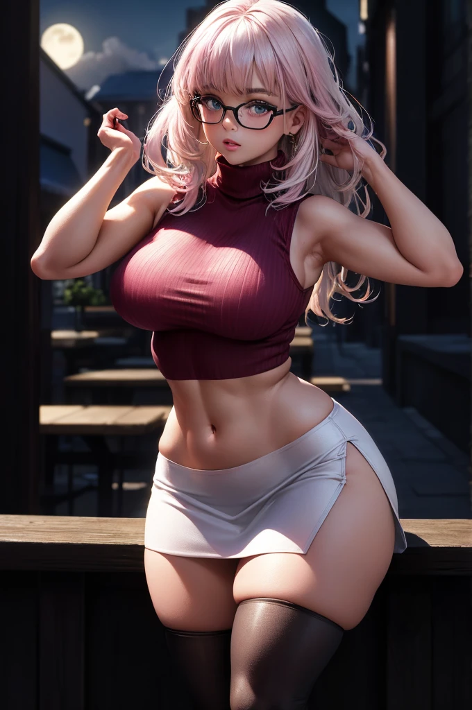 (best quality, highres:1.2), masterpiece, 1 girl, white hair, beautiful detailed eyes, beautiful detailed parted lips, extremely detailed eyes and face, long eyelashes, medium oil painting, vivid colors, ultra-fine painting, sharp focus, physically-based rendering, extreme detail description, portraits, (curvy slim body:1.35), Firm and well-shaped perfect big breasts, showing armpit, facing viewer, gorgeous, arms up, half body picture, appearing in full frame, (pink sleeveless turtleneck:1.5), glasses, crop top, (white mini slit skirt:1.5), dark black pantyhose, blush, night, flowers, moonlight