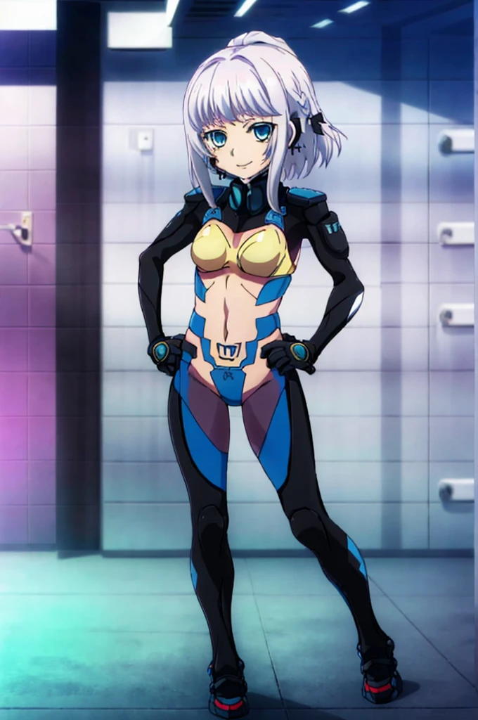 1girl,solo, anime style, masterpiece, best quality, adapted costume, cosplay, Kanase Kanon, strike the blood, iris blue eyes, White hair, side braid, medium hair, breasts, covered navel, teenage girl, Height 158cm, cleavage, astsuit, armor, headgear, leotard, strapless leotard, thigh strap, covered navel, bracer, mecha musume, boots, knee boots, smile, closed mouth, full body, standing, hand on own hip, outdoors, cyberpunk,