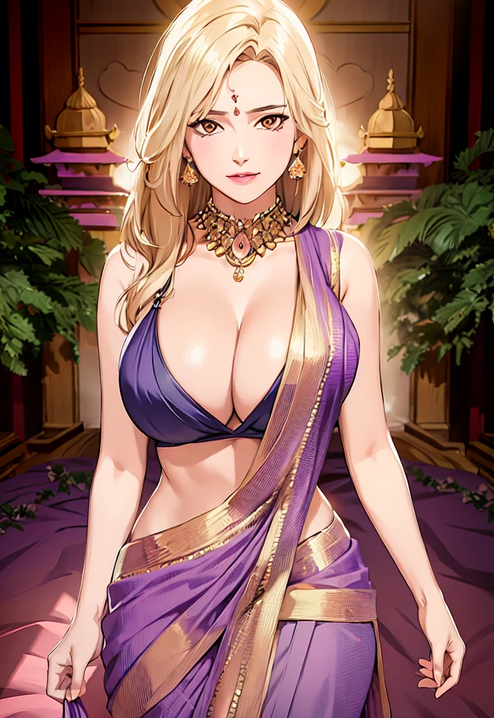 Big , ((wearing indian only purple saree)) , ((saree covering full body)), (purple saree) fullbody, good anatomy, masterpiece, best quality, 4k, 8k, professional photography, soft light, sharp focus, 1 girl, tsunade, blonde hair, parted banks, detailed face+brown eyes, open lips, lipstick, show, show, ass show, from behind, ((hands on blouse)), ((opening blouse)) ((sit on bed))