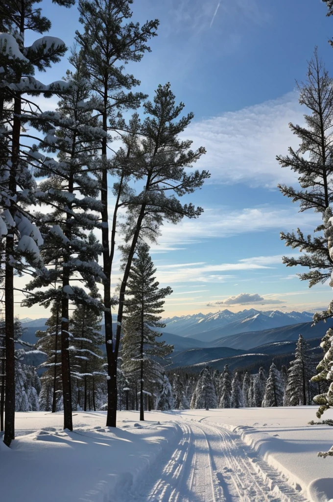 quietud del invierno, with snow covering the pine trees and an atmosphere of peace.