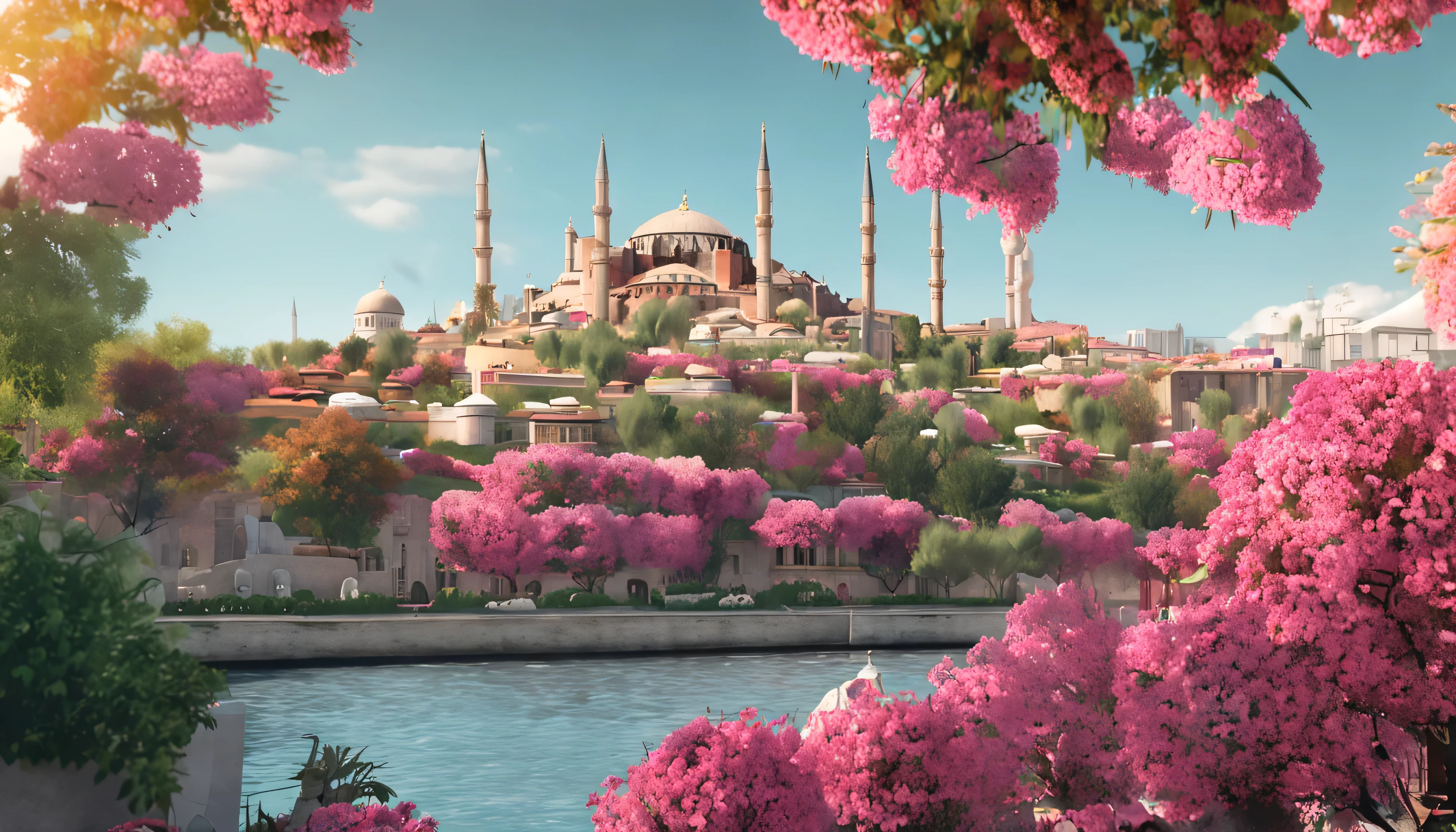 Vista encantadora da cidade de Constantinopla (0.2), magnificent domes and minarets reaching into the sky (0.15), Mosaicos bizantinos brilhando ao sol (0.1), Surrounded by lush gardens in full bloom (0.15), silhueta distante da paisagem urbana de Istambul (0.1), calm waters of the Bosphorus in the foreground (0.1), Sunset tones painting the scene in warm colors (0.1), translated into the artistic styles of Claude Monet's impressionist traits (0.05) and in the idyllic, light-infused scenery by Thomas Kinkade (0.05)