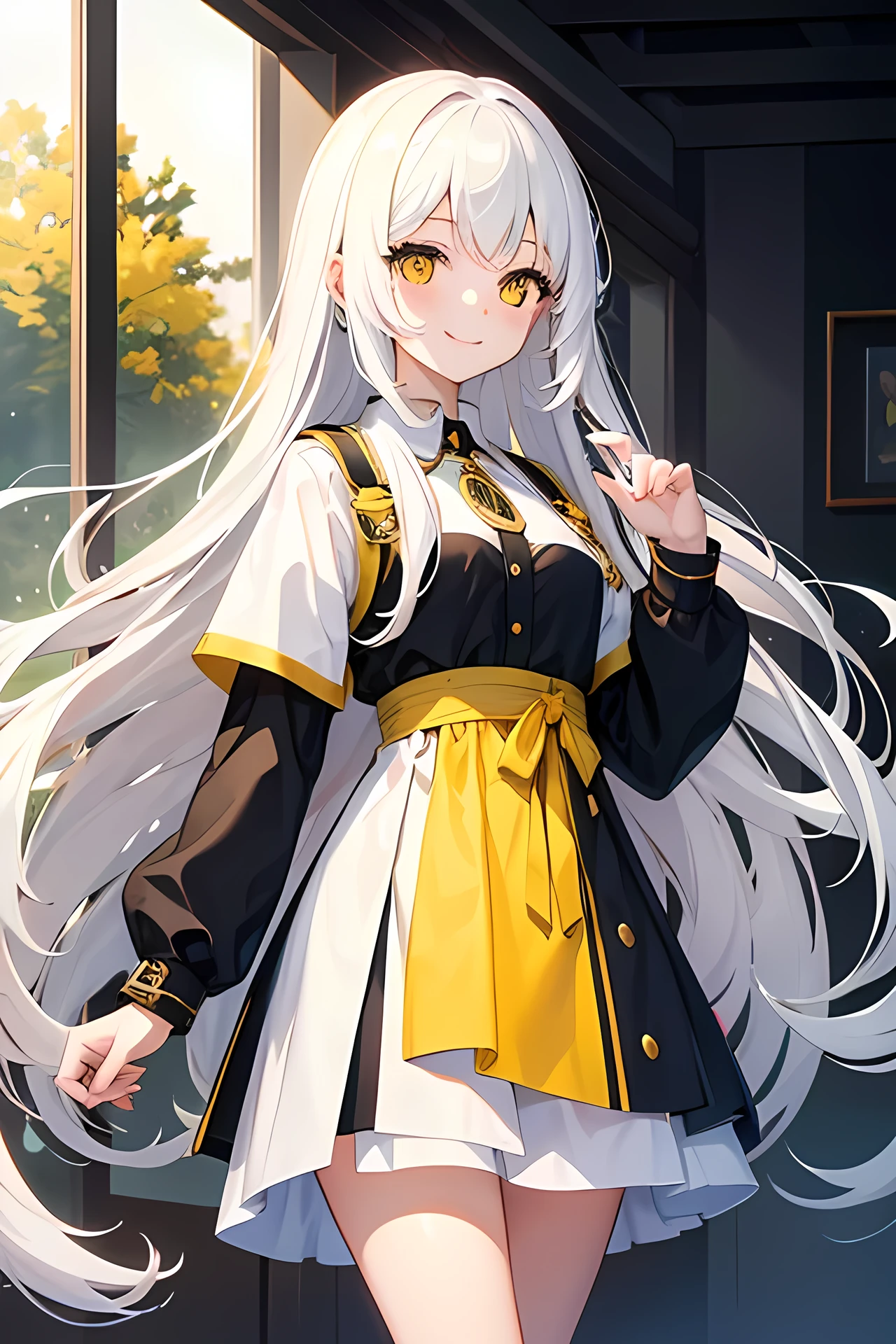Young girl, white long hair, wavy hair, yellow eyes, smile face, happy girl, modern style