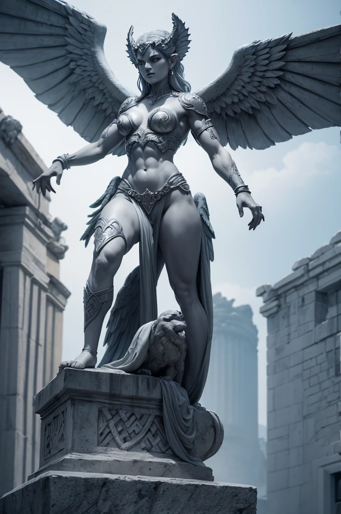 Female grey warrior gargoyle, greek statue-like aesthetics with wings, full body