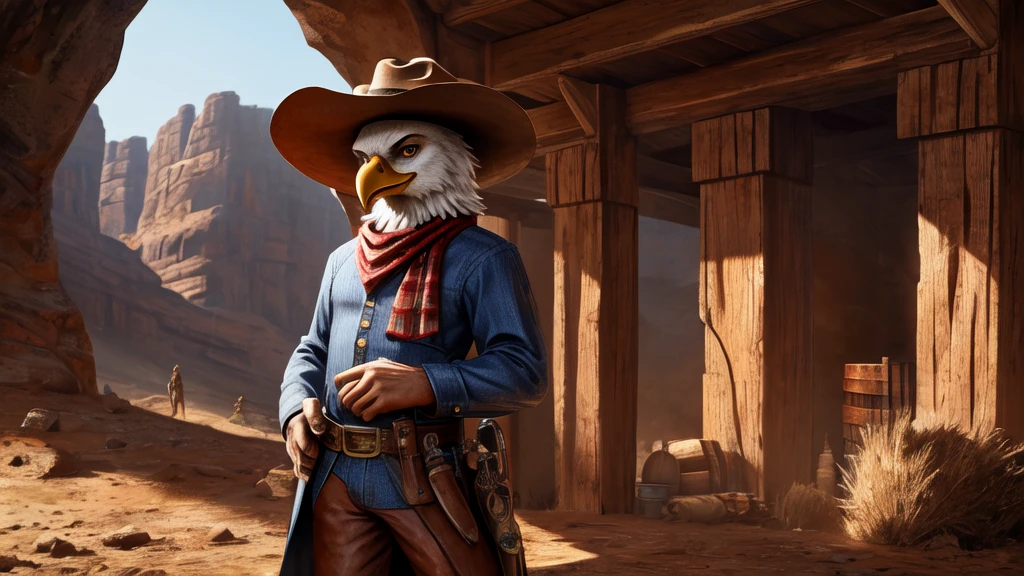 master piece, best quality, high resolution, detailed background, 8k hd, hi res, realistic hands, western, wild west, the old west, dark cave, 1boy, male, anthro, furry, avian, bird, bald eagle, cowboy hat, neckerchief,