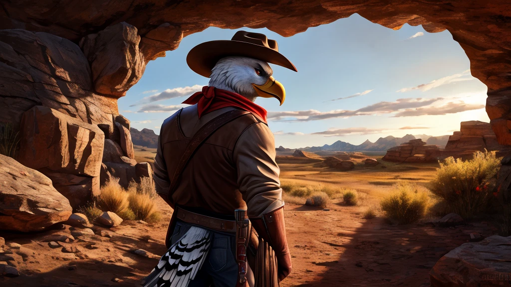 master piece, best quality, high resolution, detailed background, 8k hd, hi res, realistic hands, western, wild west, the old west, dark cave, 1boy, male, anthro, furry, avian, bird, bald eagle, cowboy hat, neckerchief,