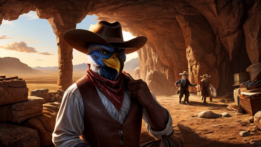 master piece, best quality, high resolution, detailed background, 8k hd, hi res, realistic hands, western, wild west, the old west, dark cave, 1boy, male, anthro, furry, avian, bird, bald eagle, cowboy hat, neckerchief,