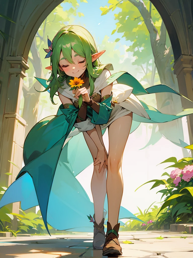 A sweet elf girl, holding a flower in her hand, smiles with her eyes closed, slightly bent over, towards the camera