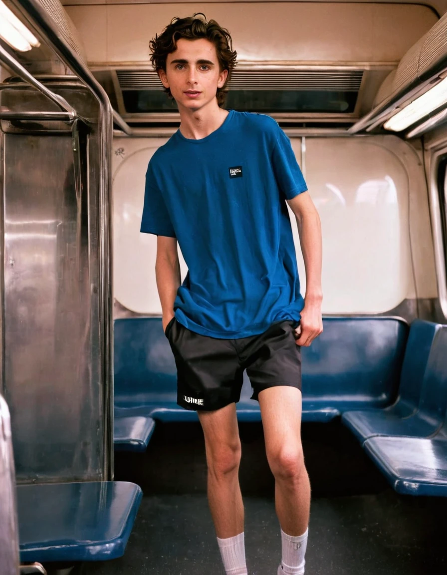 Timothée Chalamet, sweaty teen boy, in the train, in japanese train, no clothing, far from camera, whole body, braces, age 19, wavy tiktok hair, boxer, bare feet, wearing no t-shirt topless, japanese train, short fine armpit hair, flexing, veiny arms, cute, tall, lean, not muscular, wispy pubes, muscular teen boy masterpiece, high resolution, feet visible, no shoes, very dirty feet, skinny, tall, foot fetish, tall boy, teen boy, braces, best quality, sticky armpit hair, sticky, glue on floor, wet floor, sticky clothes, drops on underwear, drops on shorts, sticky on shorts, drops on floor, sweaty face, sweaty hair, Dune by Herbert, Science fiction
