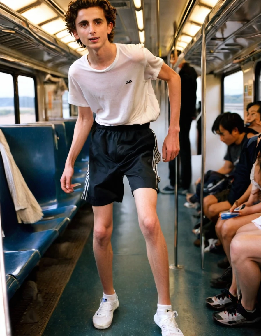 Timothée Chalamet, sweaty boy, in the train, in japanese train, no clothing, far from camera, whole body, braces, age 19, wavy tiktok hair, boxer, bare feet, wearing no t-shirt topless, japanese train, short fine armpit hair, flexing, veiny arms, cute, tall, lean, not muscular, wispy pubes, muscular teen masterpiece, high resolution, feet visible, no shoes, very dirty feet, skinny, tall, foot fetish, tall boy, teen boyaces, best quality, sticky armpit hair, sticky, glue on floor, wet floor, sticky clothes, drops on underwear, drops on shorts, sticky on shorts, drops on floor, sweaty face, sweaty hair, Dune by Herbert, Science fiction