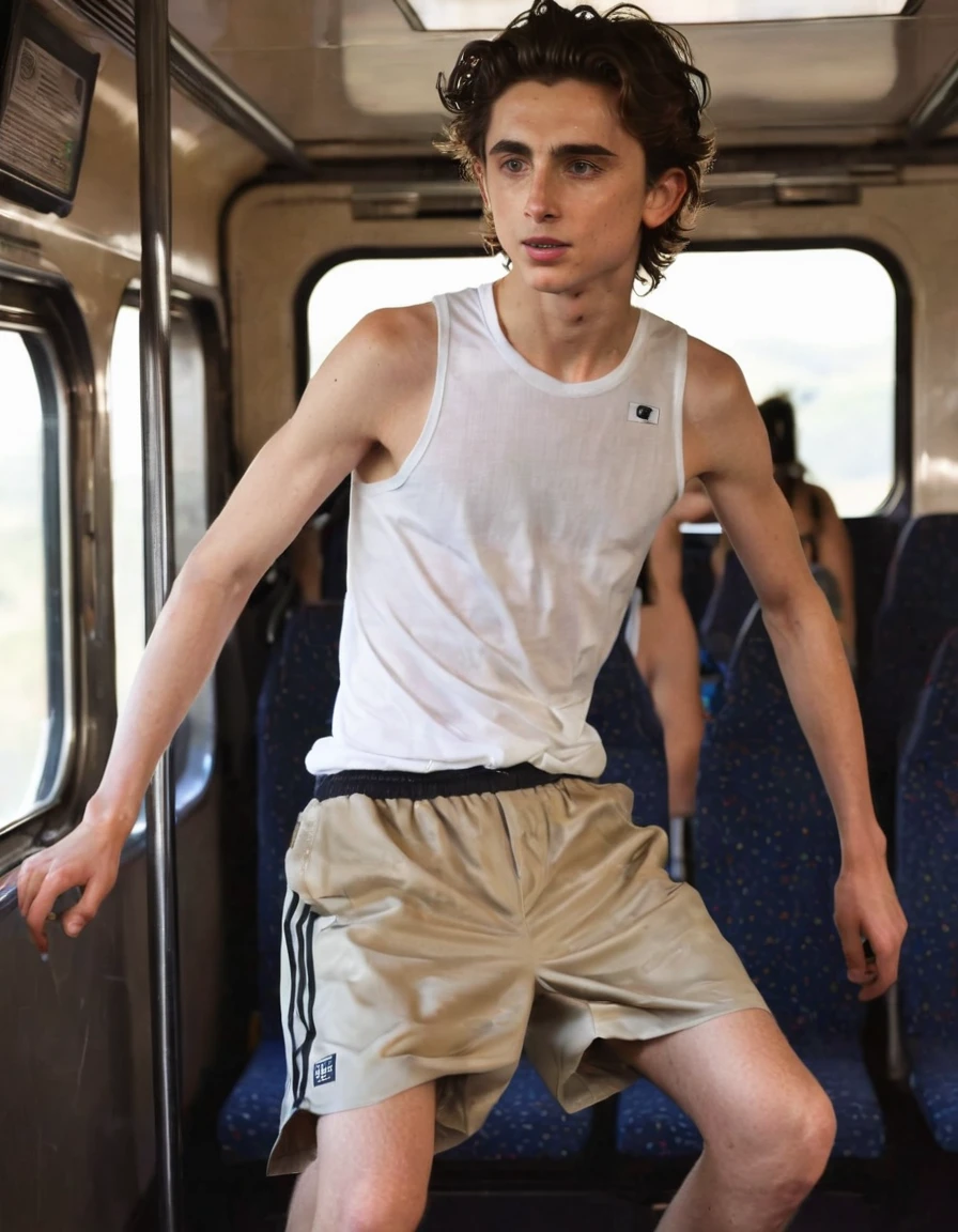 Timothée Chalamet, sweaty teen boy, in the train, in japanese train, no clothing, far from camera, whole body, braces, age 19, wavy tiktok hair, boxer, bare feet, wearing no t-shirt topless, japanese train, short fine armpit hair, flexing, veiny arms, cute, tall, lean, not muscular, wispy pubes, muscular teen boy masterpiece, high resolution, feet visible, no shoes, very dirty feet, skinny, tall, foot fetish, tall boy, teen boy, braces, best quality, sticky armpit hair, sticky, glue on floor, wet floor, sticky clothes, drops on underwear, drops on shorts, sticky on shorts, drops on floor, sweaty face, sweaty hair, Dune by Herbert, Science fiction