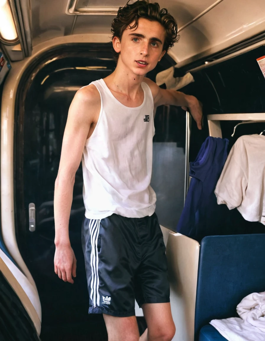 Timothée Chalamet, sweaty teen boy, in the train, in japanese train, no clothing, far from camera, whole body, braces, age 19, wavy tiktok hair, boxer, bare feet, wearing no t-shirt topless, japanese train, short fine armpit hair, flexing, veiny arms, cute, tall, lean, not muscular, wispy pubes, muscular teen boy masterpiece, high resolution, feet visible, no shoes, very dirty feet, skinny, tall, foot fetish, tall boy, teen boy, braces, best quality, sticky armpit hair, sticky, glue on floor, wet floor, sticky clothes, drops on underwear, drops on shorts, sticky on shorts, drops on floor, sweaty face, sweaty hair, Dune by Herbert, Science fiction