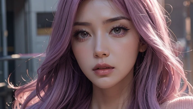 A angry mommy with long light pink soft purple hair, perfect big booba , good quality, detailed beauty face