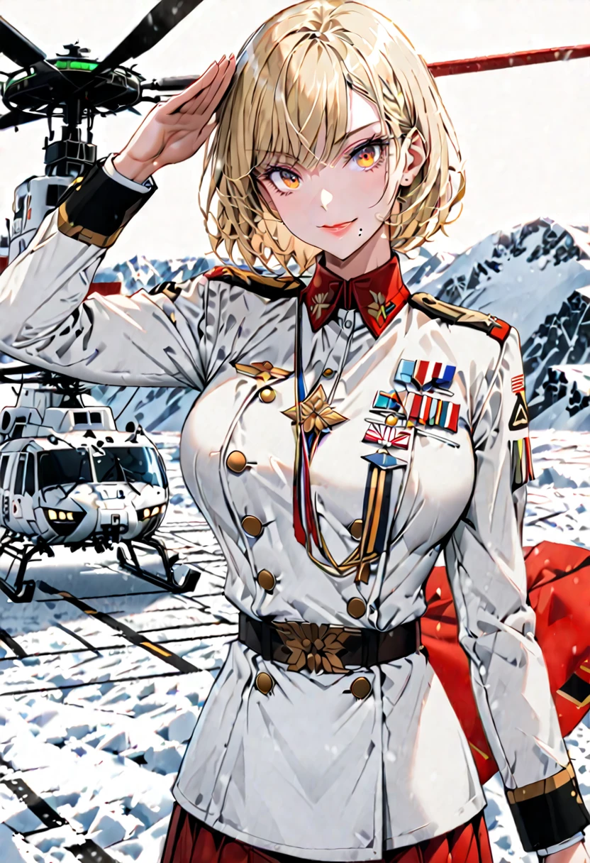 (solo), female, extremely tall, muscular:0.7, blonde hair, formal haircut, amber eyes, formal military uniform, small smile, salute, Antarctic military uniform, medals, large breasts, mole under mouth, snowy background, helipad