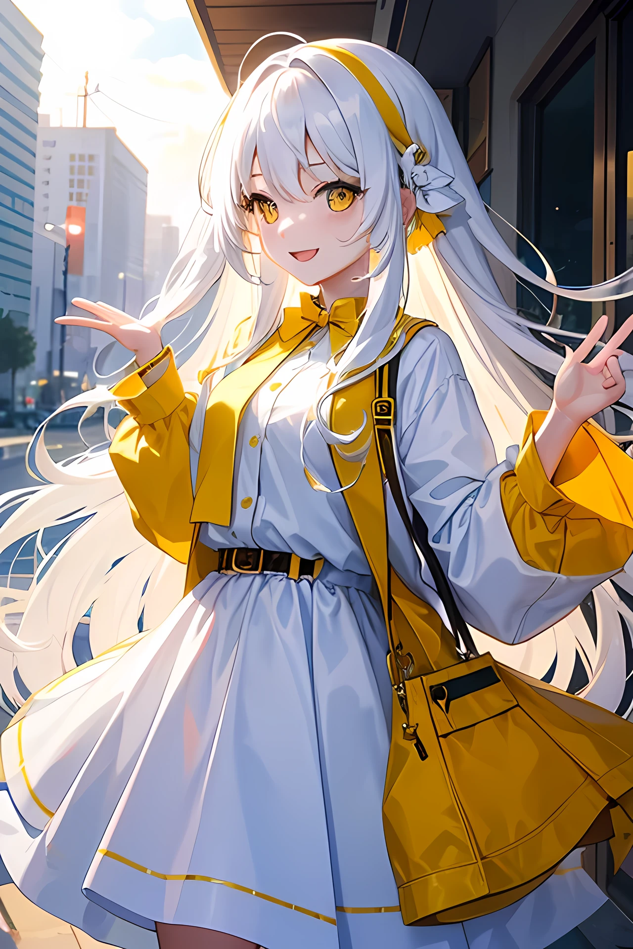 Young girl, white long hair, wavy hair, yellow eyes, smile face, happy girl, modern style