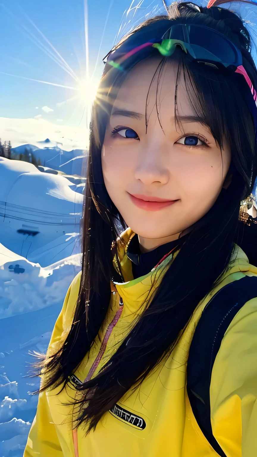 (Highest quality,masterpiece:1.3,Ultra-high resolution),(Very detailed,Caustics,16K),(Realistic:1.4,RAW shooting),Ultra-Realistic Capture,Human skin close-up,Natural skin texture,The pores are detailed enough to be easily identified,Healthy Skin and Even Tone,Use natural light and color,18-year-old,Japanese,cute,Ski wear,Long black hair,I'm looking at the camera with a smile on my face,Big Breasts,Waist up shot,(Face Focus:1.2),(Face close-up:1.2),(Low position:1.3),(Low Angle:1.3),(Ski Resorts),sun,Lens flare,blue sky,