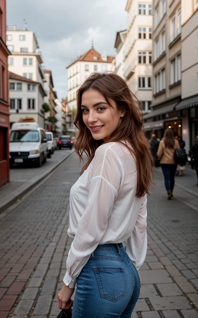 a 22 year old woman, ein elegantes Erscheinungsbild. My brown hair falls in long waves over my shoulders, frames my face and highlights my green eyes. Meine vollen, red lips are shaped into a smile. My snub nose is covered with freckles, which contrast with my tanned skin. Meine Augenbrauen sind dick und dunkel, gives me a seductive look. Meine Wangenknochen sind hoch und definiert, und meine Wimpern sind lang und geschwungen. zeigt meine Kurven. the model is standing on the street in an urban city, with his back to the camera, Gesicht zur Kamera gewandt. In the background are skyscrapers and taxis. the model is wearing jeans and a long-sleeved blouse, her hands are behind her body. Ihr Haar ist offen und weht im Wind, and her makeup is light and natural. . Die Aufnahme ist nah am Modell, mit der Kamera etwas tiefer positioniert, to highlight their beauty. she laughs and smiles . she seems happy.