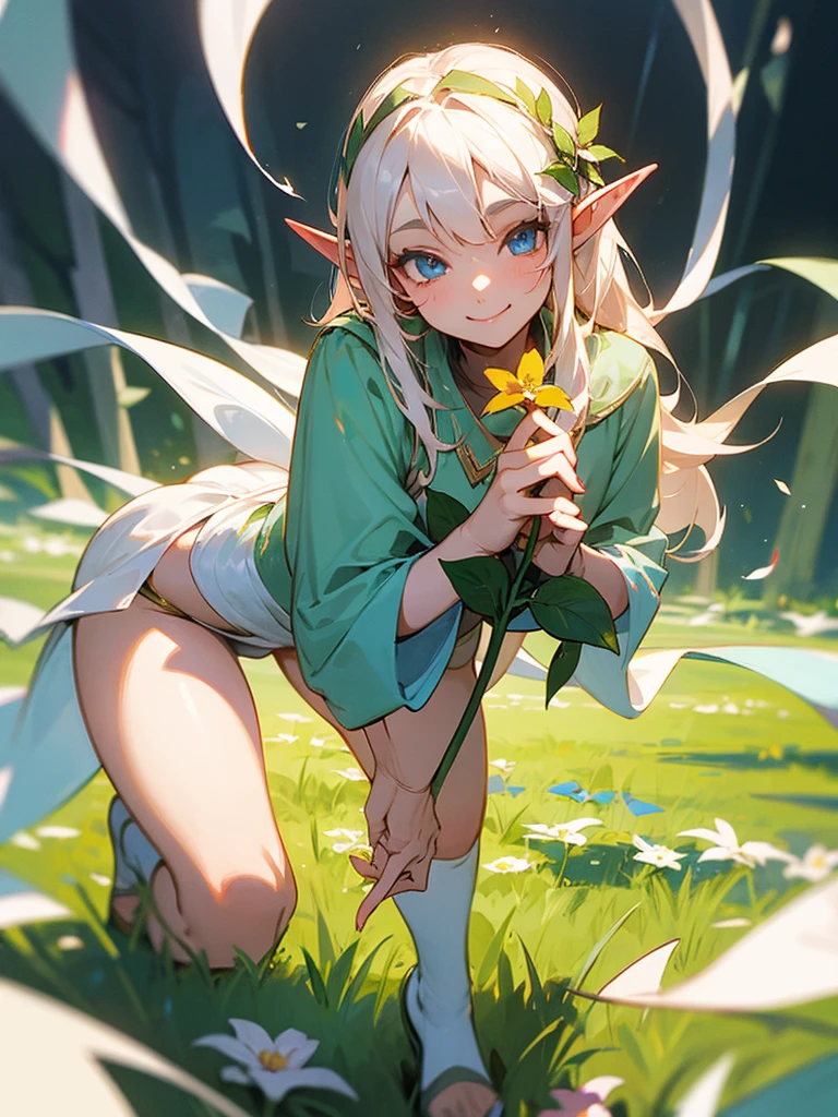 A sweet elf girl, holding a flower in her hand, smiles, slightly bent over, towards the camera